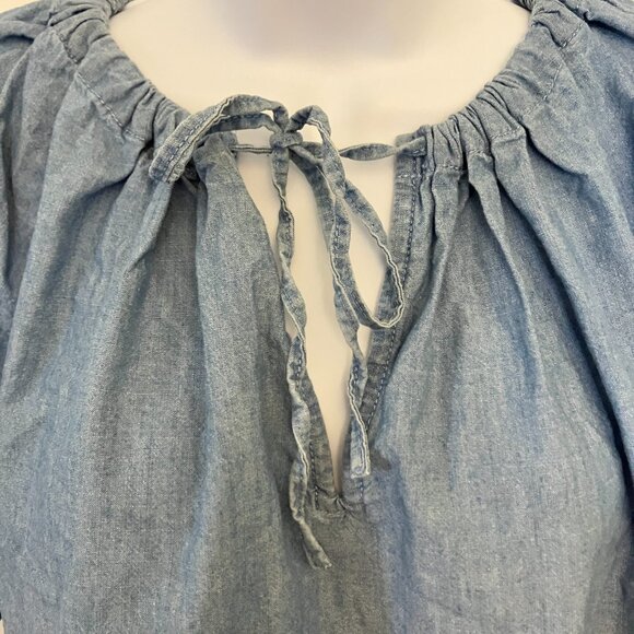 J. Crew Womens Chambray Peasant Top M Short Sleeve Tie Neck Blouse Cottagecore - Picture 3 of 9